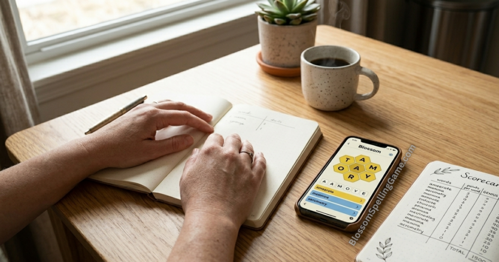 Blossom Word Game vs Wordle Morning desk scene with coffee and smartphone showing Blossom Word Game — representing the ideal daily puzzle time investment