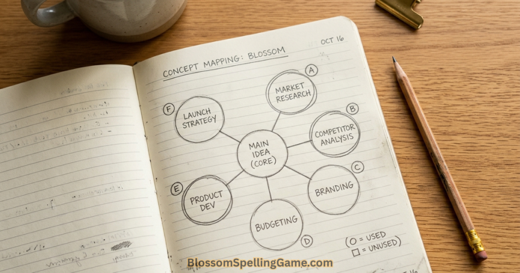 Handwritten Blossom Word Game flower grid with used and unused letters marked — illustrating the negative space tracking technique for finding more words