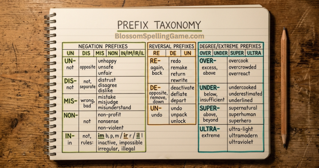 how to use prefixes in Blossom Word Game? Handwritten prefix taxonomy chart for Blossom Word Game showing negation, reversal, and degree prefixes with letter requirements and example words