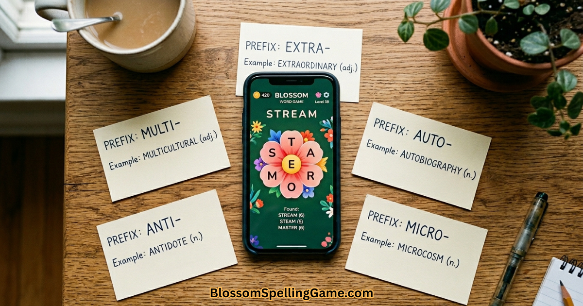 how to use prefixes in Blossom Word Game? Blossom Word Game smartphone surrounded by rare prefix strategy cards showing underused prefixes that produce high-scoring words