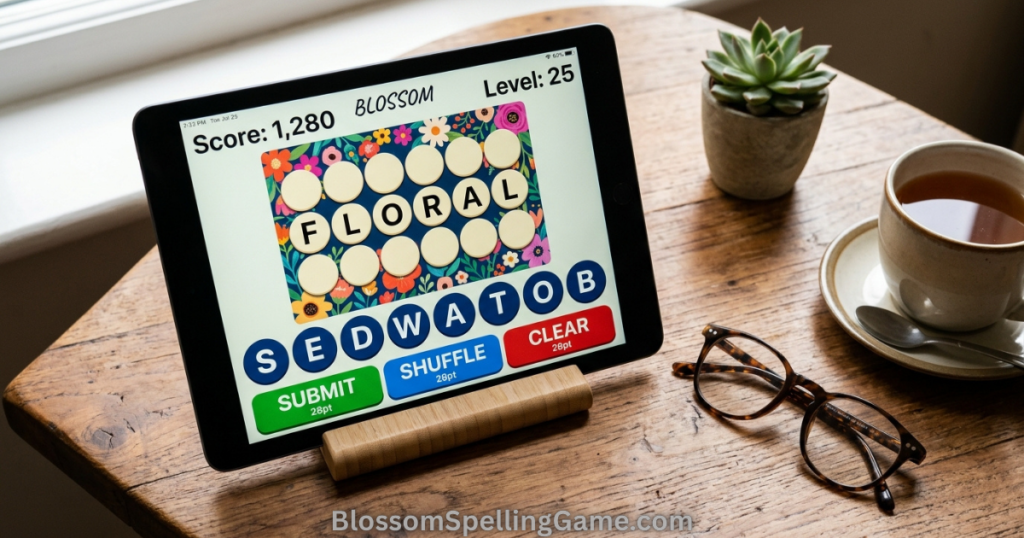 Tablet displaying Blossom Word Game with large high-contrast letters beside reading glasses
Blossom Word Game for Senior