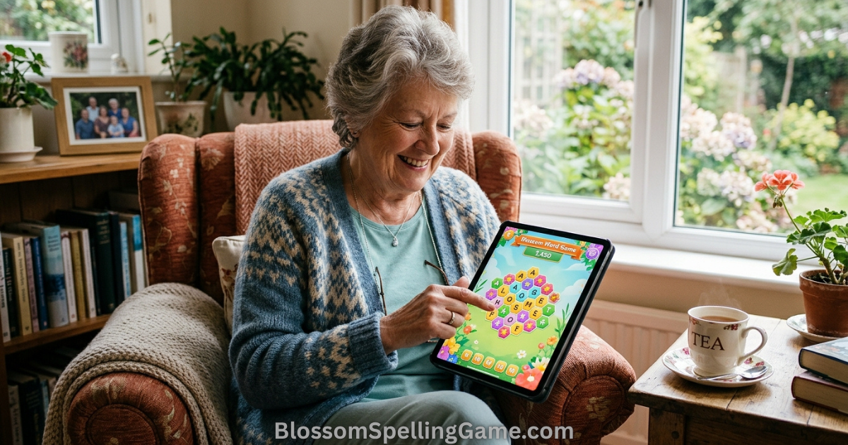 Blossom Word Game for Senior Older adult smiling while playing Blossom Word Game on a tablet in a sunlit armchair
