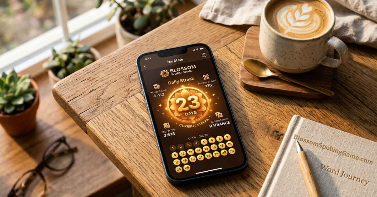 Does Blossom Word Game have a streak. Blossom Word Game stats screen on smartphone showing daily streak counter at 23 days