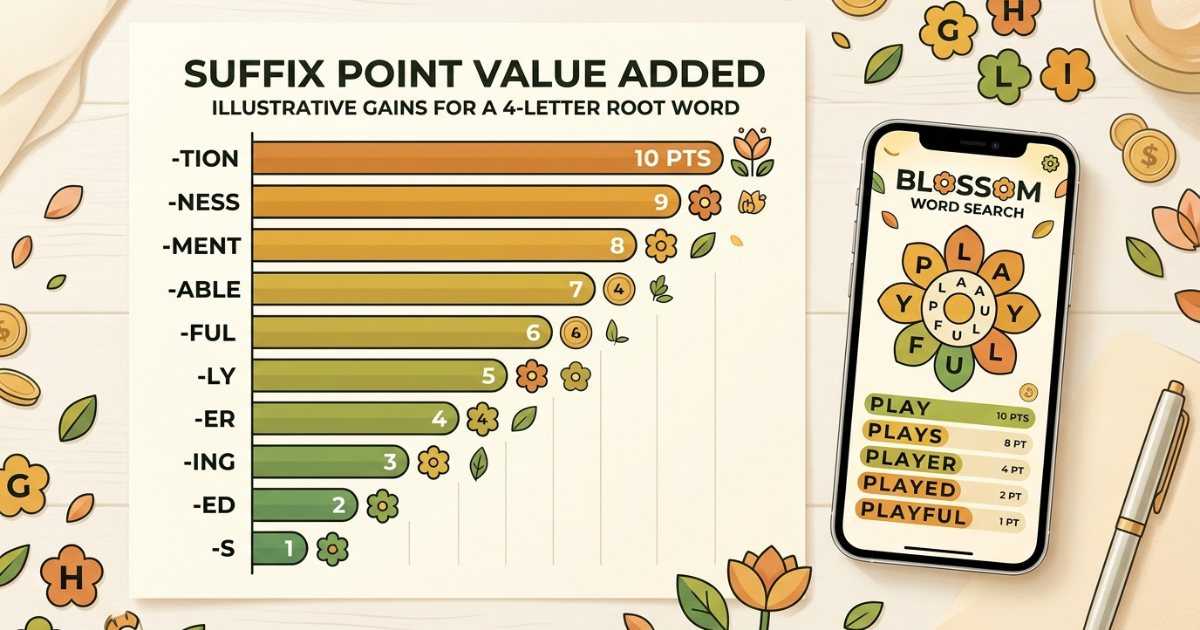 how to use suffixes in Blossom Word Game? Scoring comparison chart showing how different suffixes add points in Blossom Word Game.