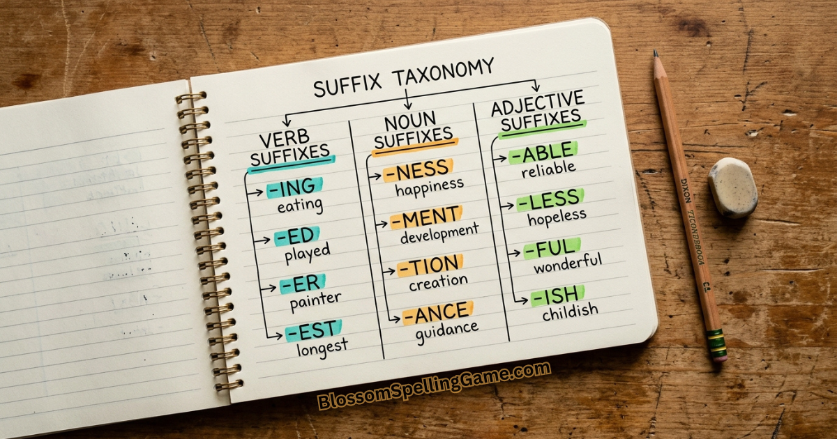 how to use suffixes in Blossom Word Game? Handwritten suffix taxonomy chart for Blossom Word Game showing verb, noun, and adjective suffixes organized by category with color coding
