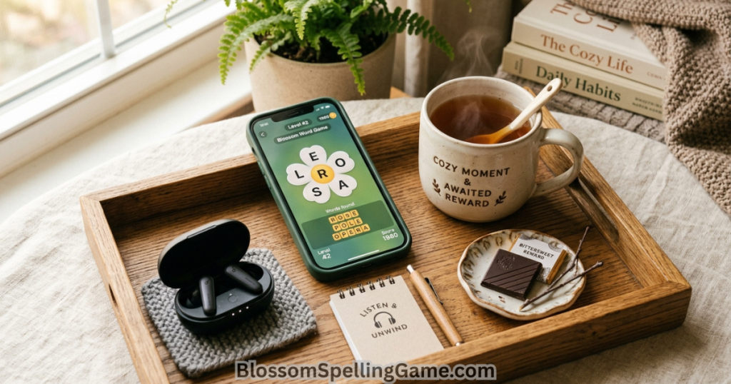 Blossom Word Game on smartphone arranged with morning tea, chocolate, and earbuds — illustrating temptation bundling technique Daily Habit With Blossom Word Game