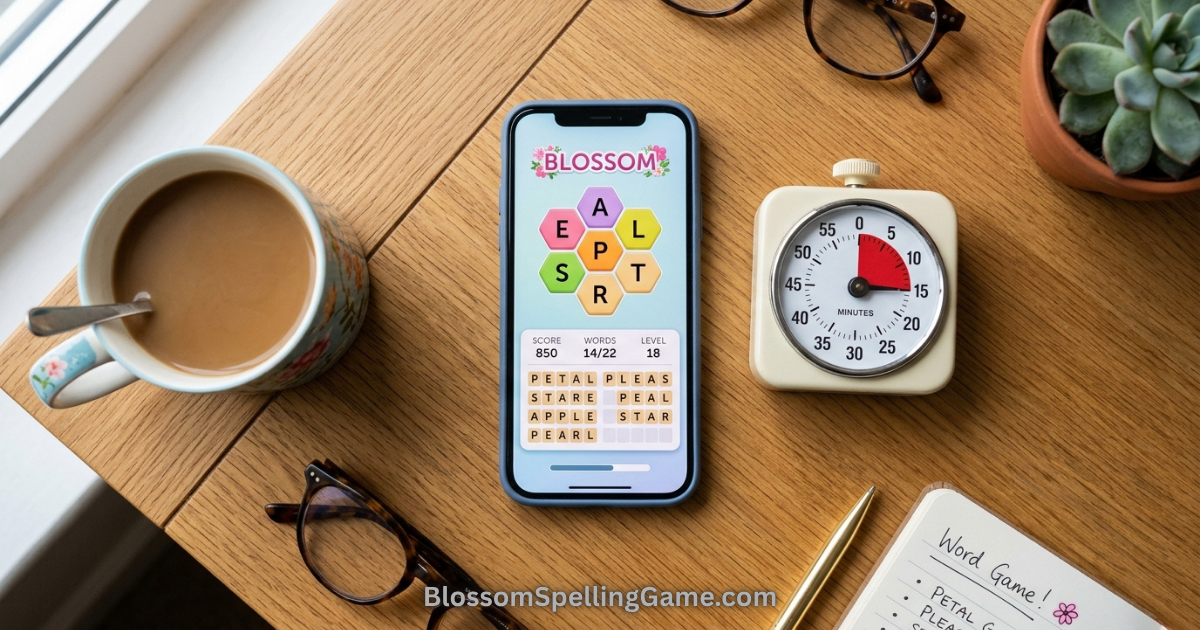 tips to score higher in Blossom Word Game Smartphone showing Blossom Word Game beside a 15-minute timer — illustrating the voluntary time constraint training technique for improving word-finding instincts