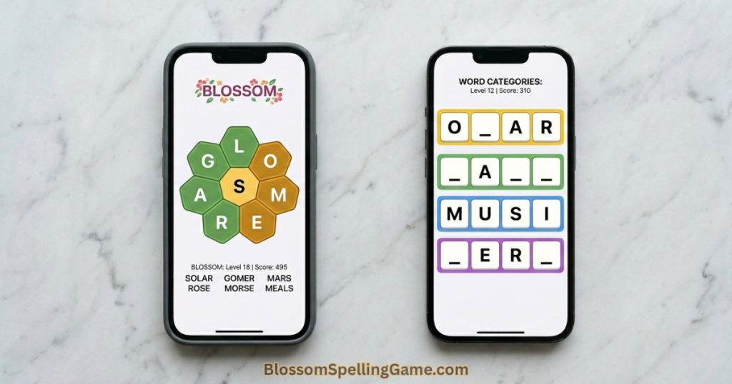 Blossom Word Game vs NYT Connections Side-by-side comparison of Blossom Word Game flower grid and NYT Connections category grid on two smartphones