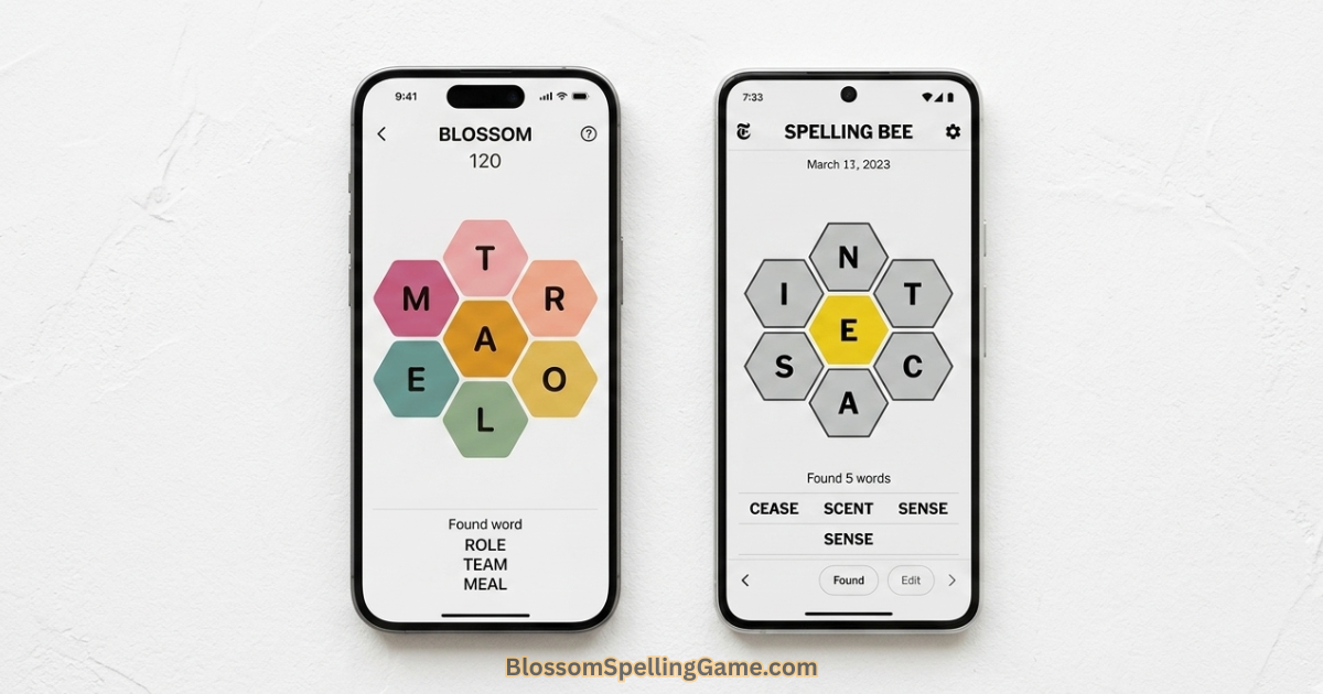 Blossom Word Game vs NYT Spelling Bee Side-by-side comparison of Blossom Word Game and NYT Spelling Bee on two smartphones
