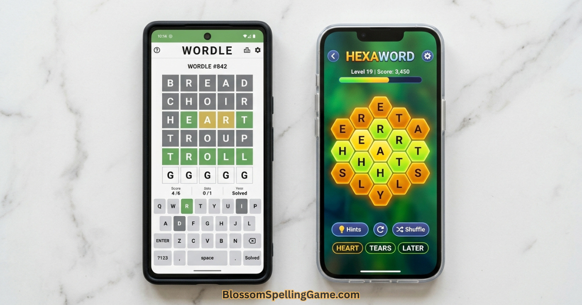 Side-by-side comparison of Wordle tile grid and Blossom Word Game flower grid on two smartphones