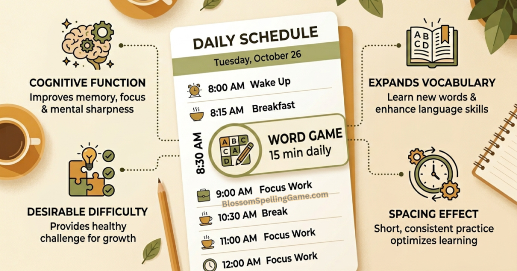 Cognitive benefits of playing daily word games Daily schedule showing 15-minute word game session with surrounding cognitive benefit icons