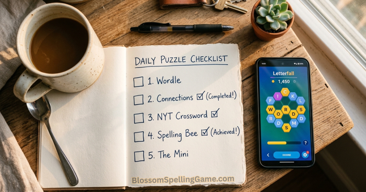 best daily word games Morning desk with daily word game checklist notebook and smartphone — showing a curated daily puzzle combination routine for 2026