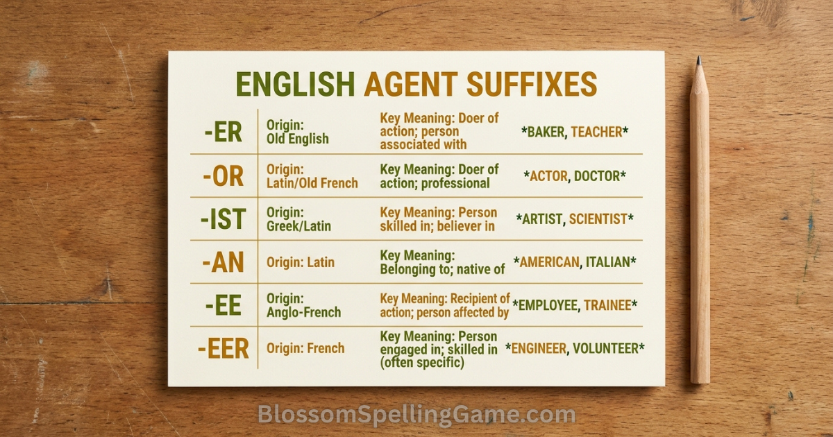 Common English suffixes Blossom Word Game Reference card comparing six English agent suffixes showing their origins, meanings, and example words for Blossom Word Game players