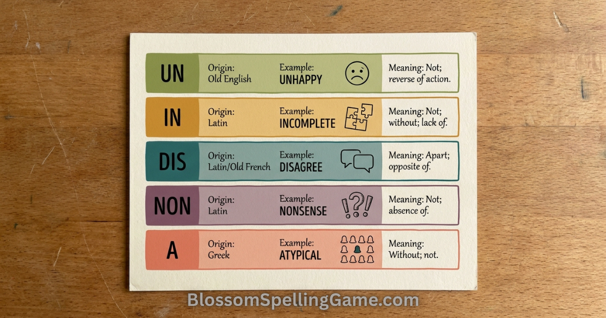 Common English prefixes Blossom Word Game Reference chart comparing five English negation prefixes (UN, IN, DIS, NON, A) with their origins, meanings, and example words for Blossom Word Game players
