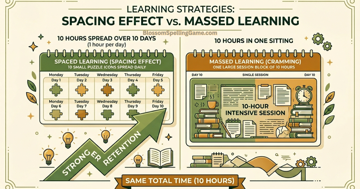 Cognitive benefits of playing daily word games Infographic comparing distributed daily word game practice versus massed practice sessions