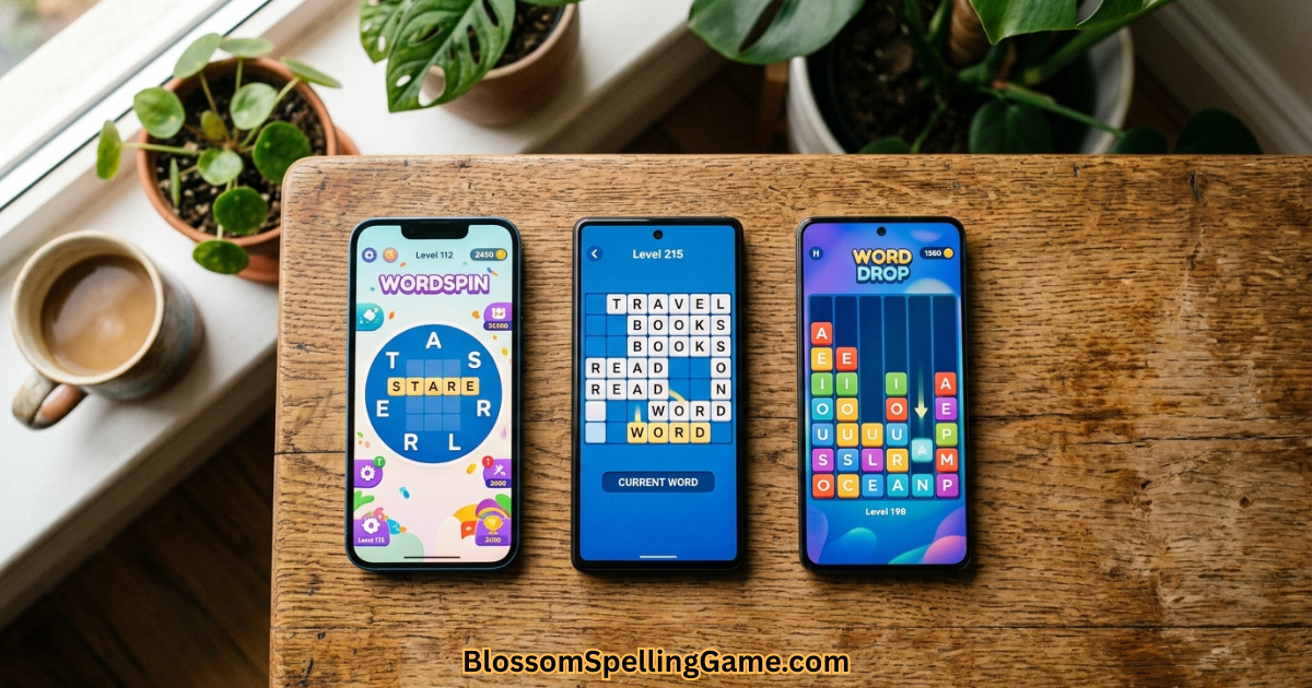 Word games like Blossom Word Game Three smartphones displaying different word games similar to Blossom Word Game — showing the variety of top word puzzle alternatives available in 2026