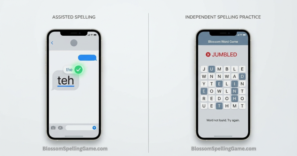 Comparison showing autocorrect silently fixing a typo versus Blossom Word Game rejecting an incorrect spelling with no automatic correction. Can Blossom Word Game Help With Spelling?