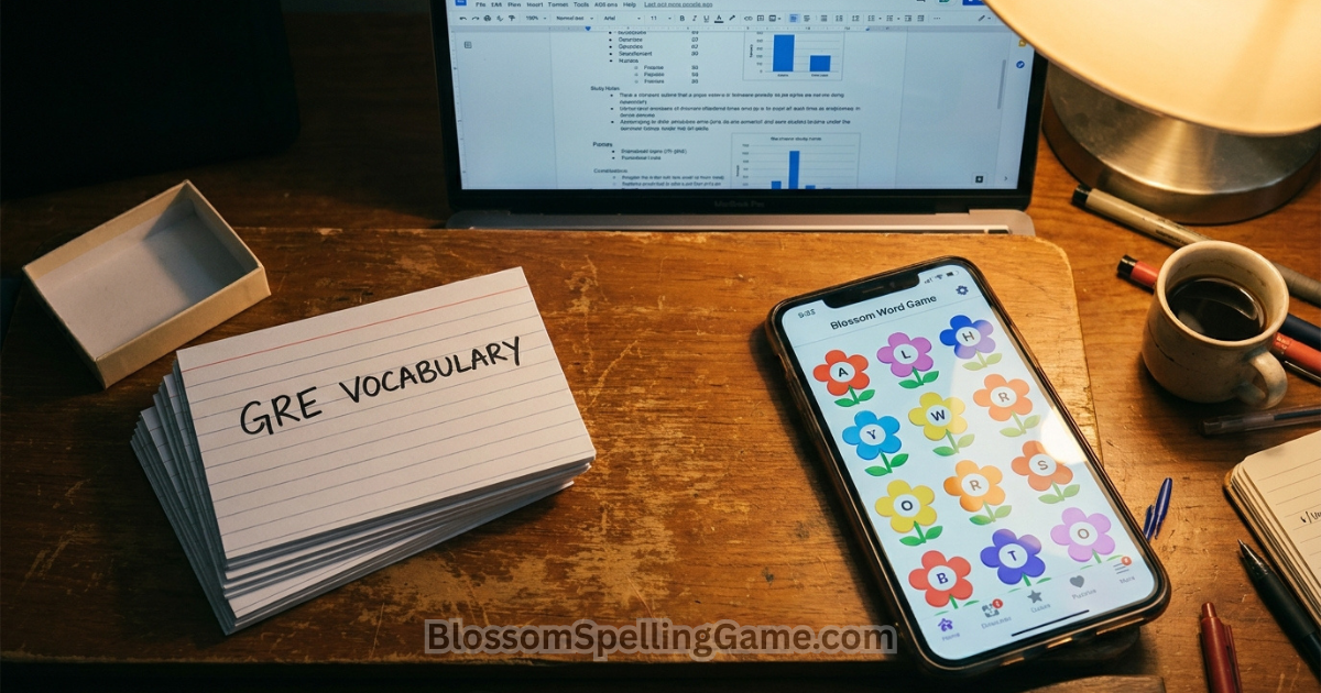 GRE vocabulary flashcards beside smartphone showing Blossom Word Game on a college student's desk. Blossom Word Game for Students