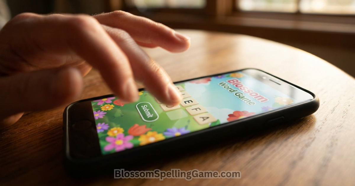 Can Blossom Word Game Help With Spelling ? Close-up of hands tapping letter tiles on Blossom Word Game smartphone screen — illustrating motor memory in spelling practice