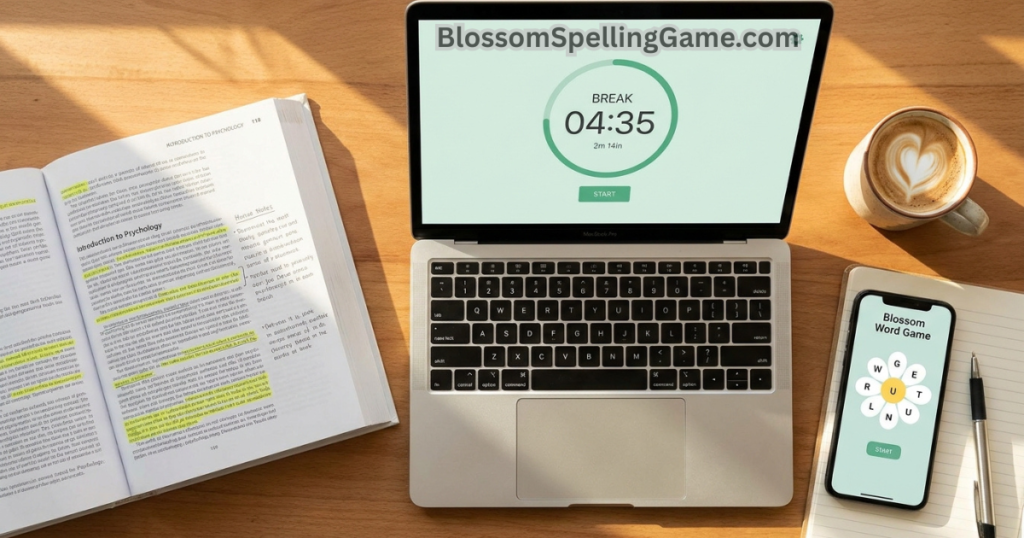 College student's desk showing textbook, Pomodoro timer, and Blossom Word Game during a study break. Blossom Word Game for Students