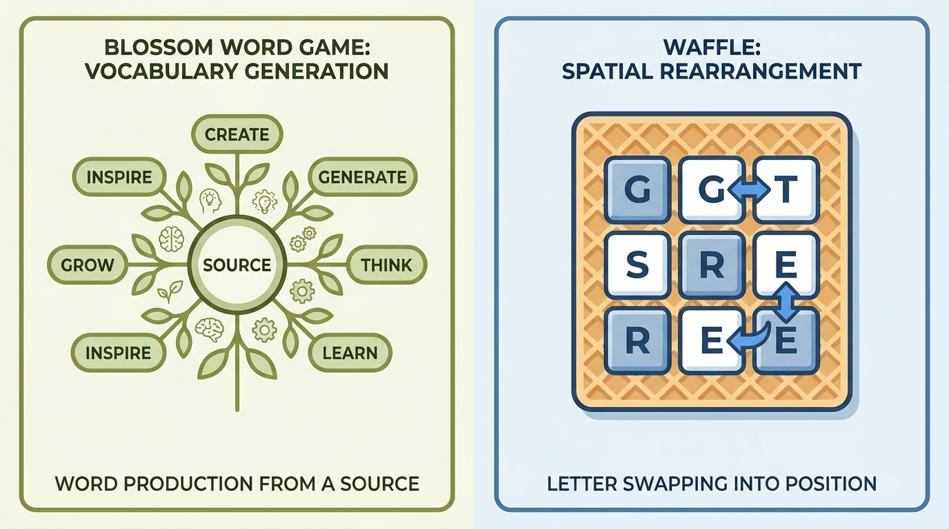 Split illustration comparing Blossom's vocabulary generation with Waffle's spatial letter rearrangement Waffle Game