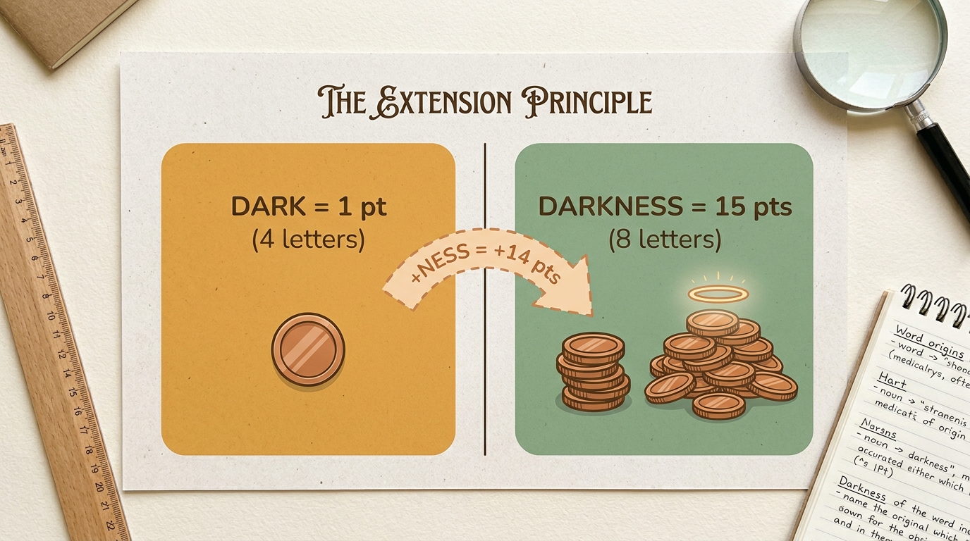 Scoring comparison card showing how extending a 4-letter word (DARK = 1 pt) to 8 letters (DARKNESS = 15 pts) multiplies value in Blossom Word Game