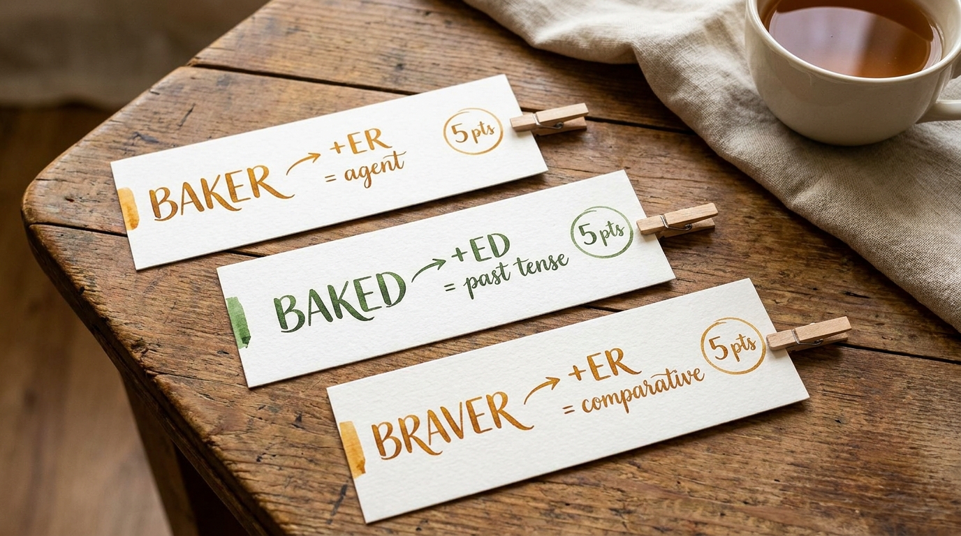 Reference cards showing common 5-letter -ER and -ED suffix words in Blossom Word Game worth 5 points each Common 5-Letter