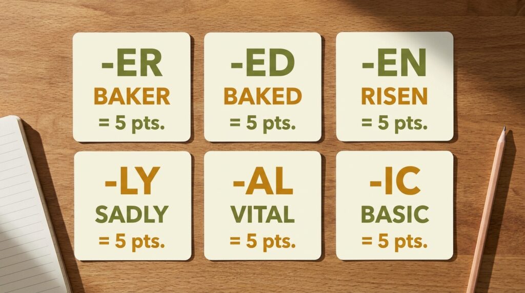 Grid of six suffix family reference cards showing the most productive 5-letter word endings in Blossom Word Game — -ER, -ED, -EN, -LY, -AL, -IC each with an example word worth 5 points Common 5-Letter