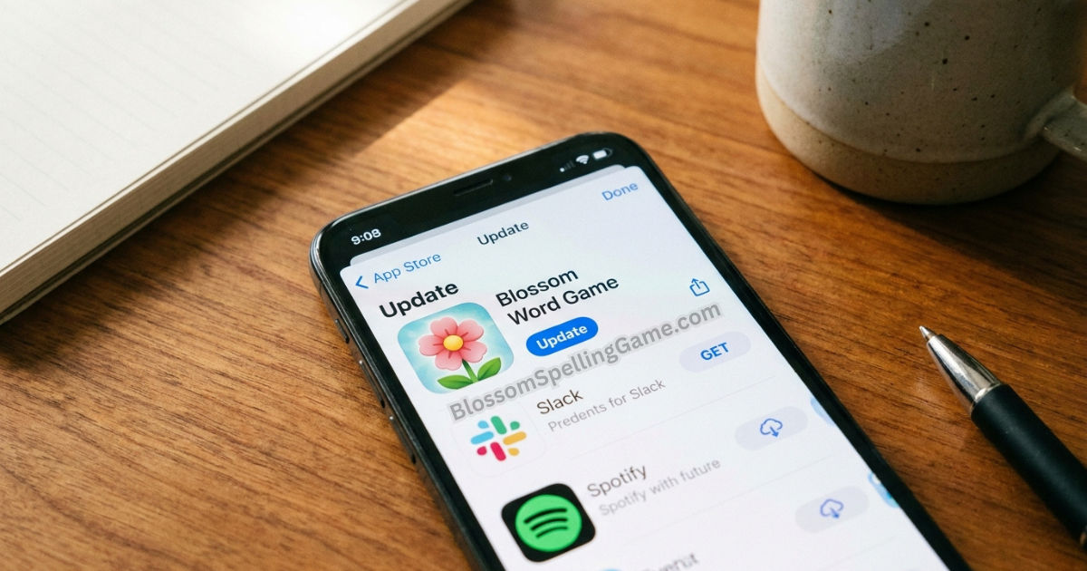 Smartphone showing Blossom Word Game app update available in the App Store How often does Blossom Word Game update