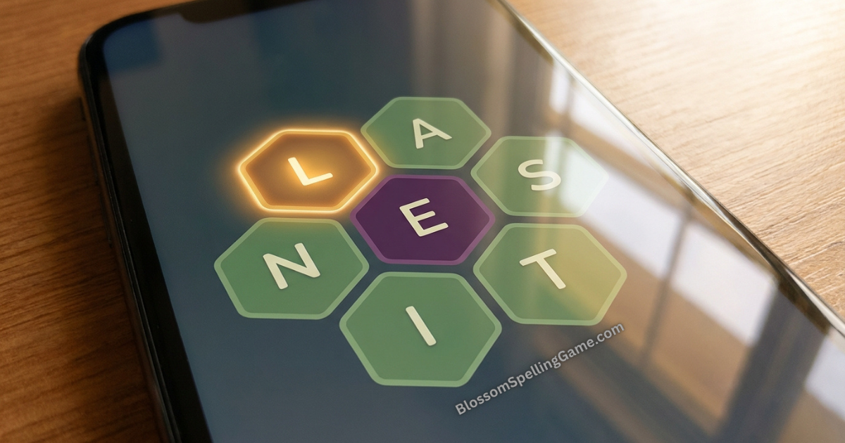 Close-up of Blossom Word Game flower grid showing the highlighted bonus petal letter in gold against standard green outer petals What is the bonus petal in Blossom Word Game