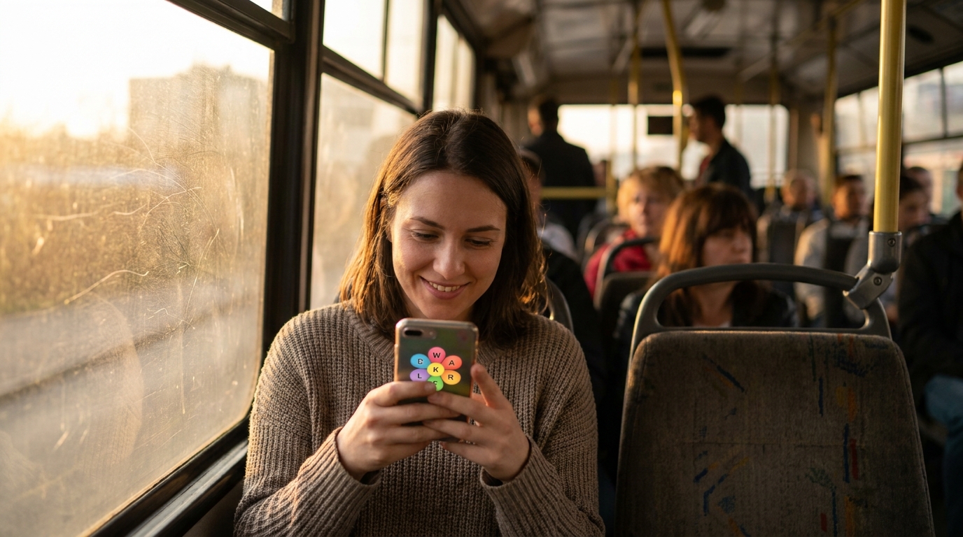 Person on subway commute playing Blossom Word Game on smartphone Word games to play