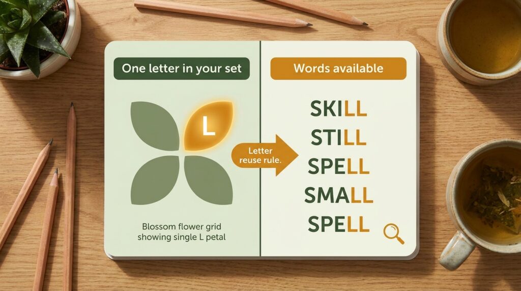 Comparison card showing how a single L petal enables double-LL words through Blossom's letter reuse rule Double Letter