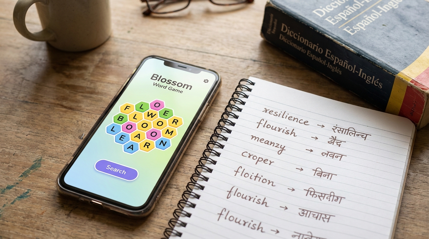 Two smartphones showing Duolingo and Blossom Word Game side by side with note reading "Different skills, both useful" for ESL Learners