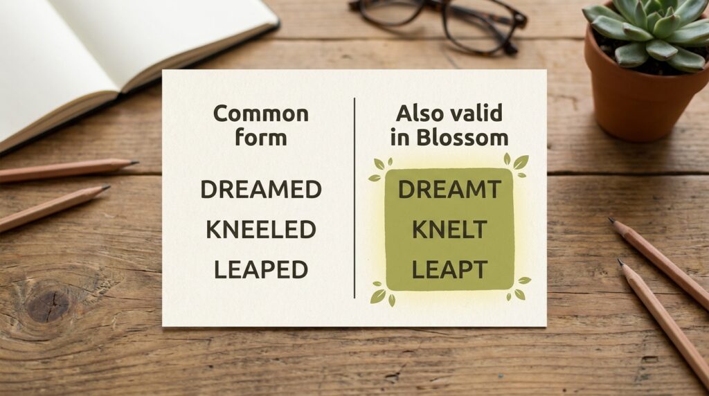 Reference card comparing common verb forms with rare but valid Blossom Word Game alternatives