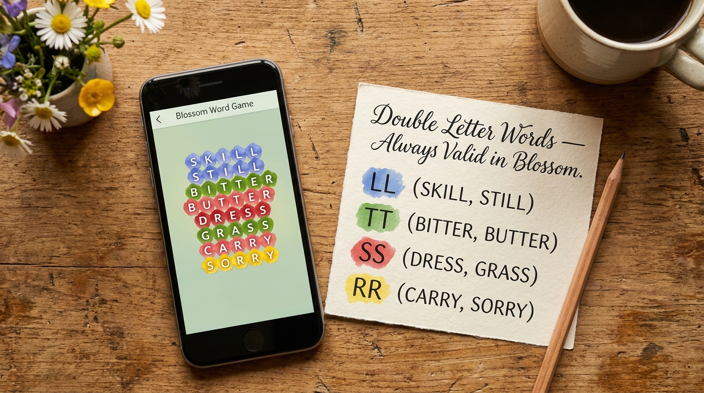 Blossom Word Game smartphone beside a handwritten reference card showing double-letter word pairs with examples Double Letter
