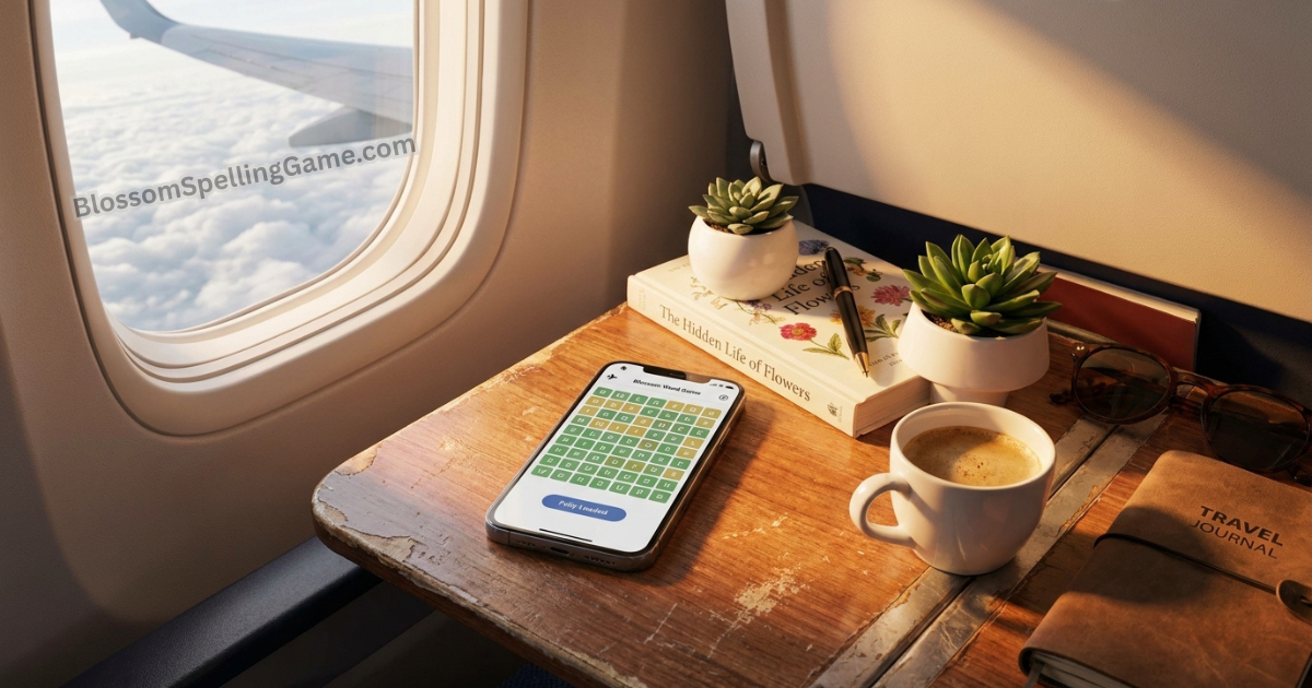 Smartphone showing Blossom Word Game in airplane mode on an airplane tray table — illustrating offline play on the mobile app after pre-loading Can You Play Blossom Word Game Offline