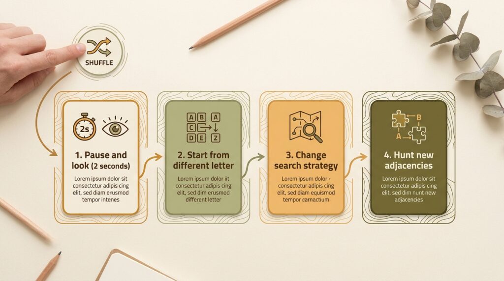 Four-step infographic showing what to do after pressing the Blossom Word Game shuffle button