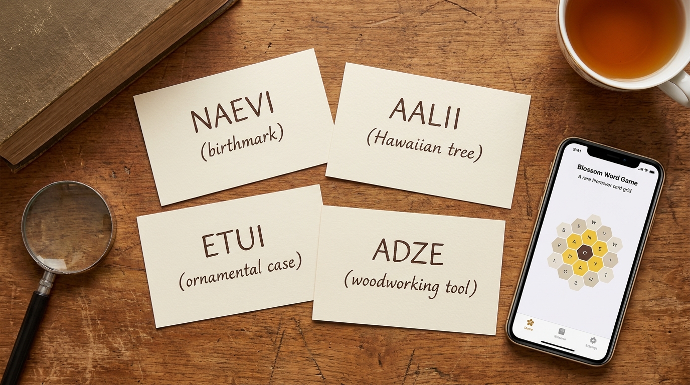 Index cards showing rare but valid Blossom Word Game words (NAEVI, AALII, ETUI, ADZE) with definitions beside a smartphone displaying the game