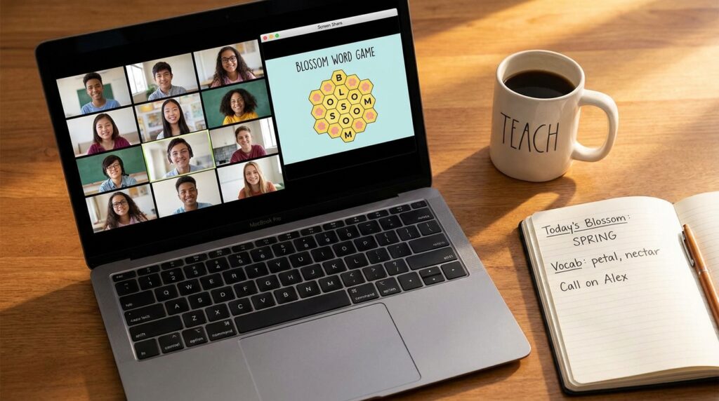 Teachers laptop showing Blossom Word Game shared in a remote video conference classroom