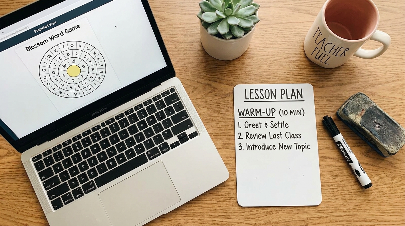 Teachers desk showing Blossom Word Game on laptop beside a lesson plan card illustrating classroom implementation