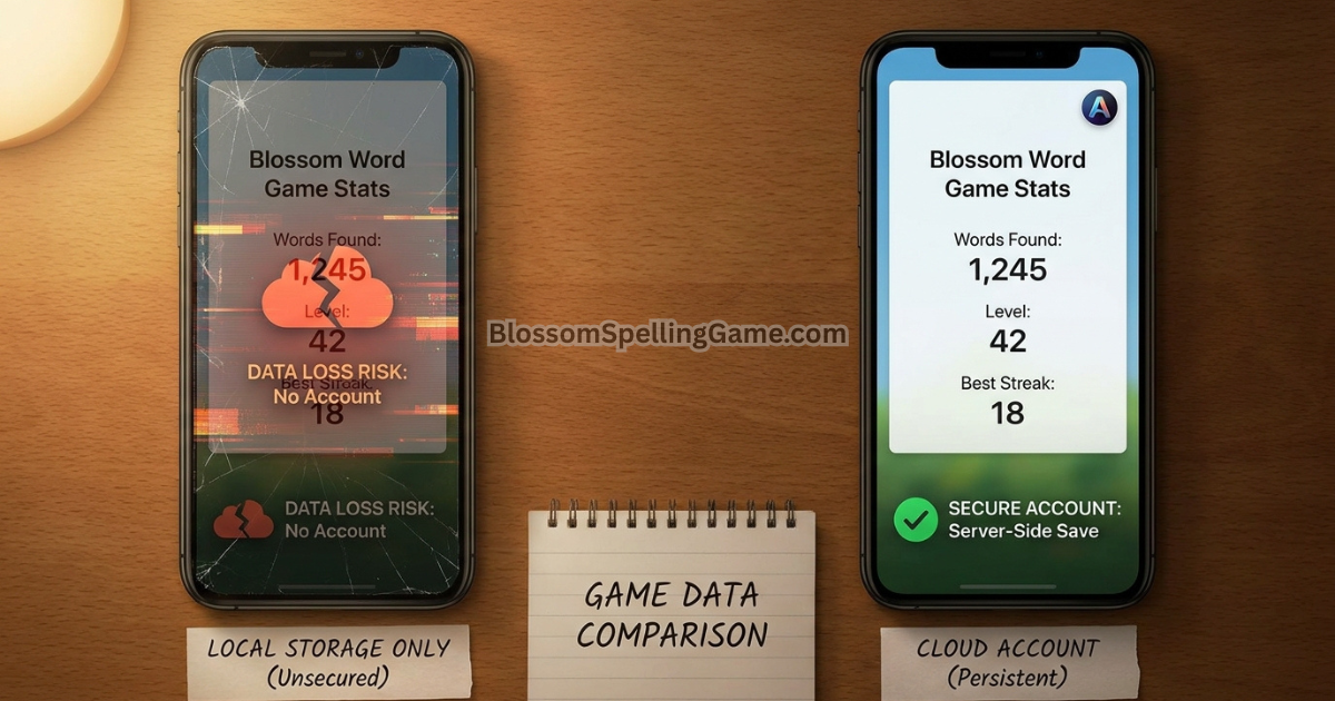 Comparison showing Blossom score tracking without account (at risk of loss) versus with account (persistently saved) Does Blossom Word Game track your score