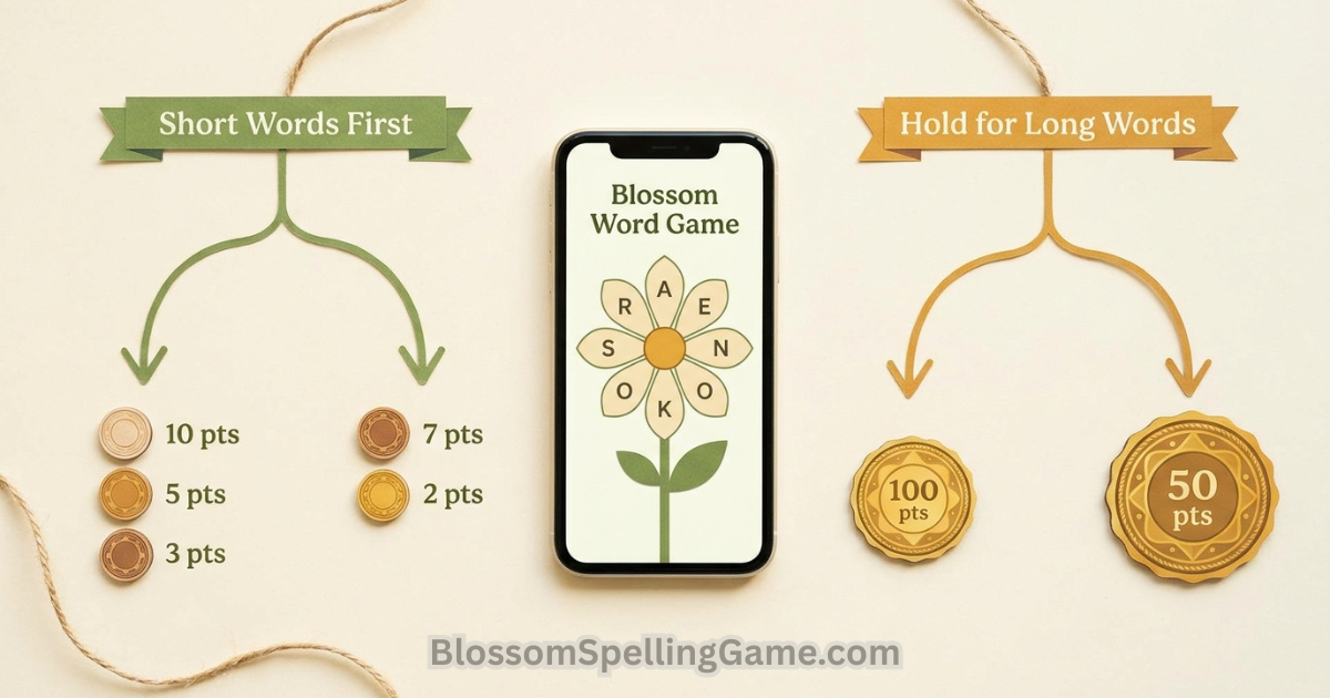 Should you start with short or long words in Blossom Three-tier skill level diagram showing recommended short-versus-long word strategy for beginner, intermediate, and advanced Blossom Word Game players