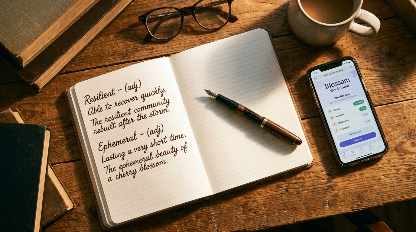 Open vocabulary journal with handwritten word entries beside a smartphone showing Blossom Word Game — illustrating the personal vocabulary journal habit for active learning