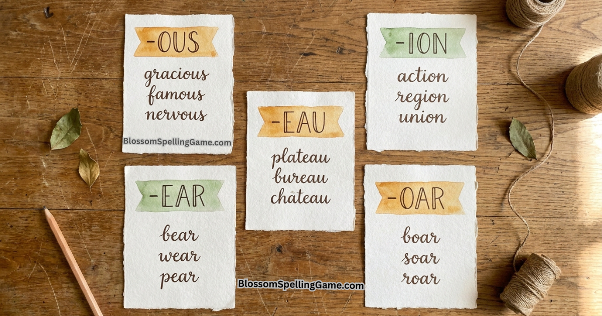 Reference cards showing productive vowel combination patterns in Blossom Word Game best word patterns