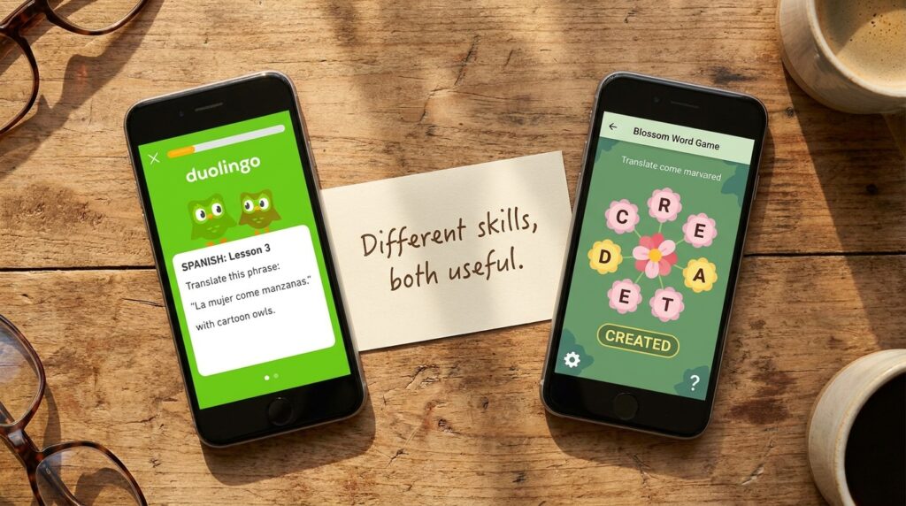 Smartphone showing Blossom Word Game beside an ESL learner's vocabulary notebook and bilingual dictionary ESL Learners