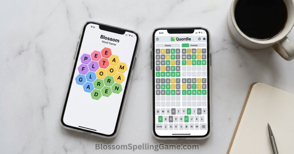 Blossom Word Game vs Quordle Side-by-side comparison of Blossom Word Game flower grid and Quordle four-board grid on two smartphones