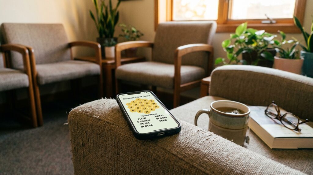 Smartphone showing Blossom Word Game in progress on a waiting room armrest Word games to play