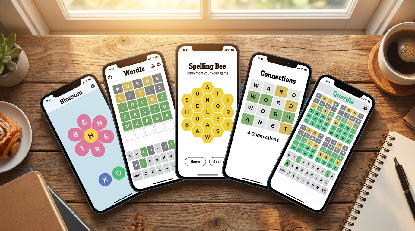 daily-word-games-adults-variety-lineup.jpg Alt text: Five smartphones showing different daily word game interfaces representing the variety of adult word game options word games for adults
