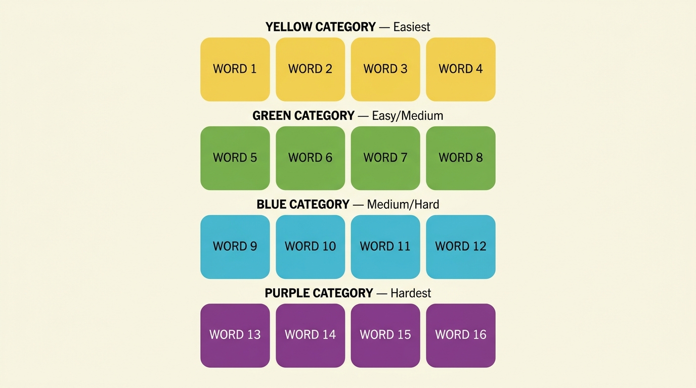 NYT Connections grid showing four color categories with difficulty labels from yellow (easiest) to purple (hardest) How to Play NYT