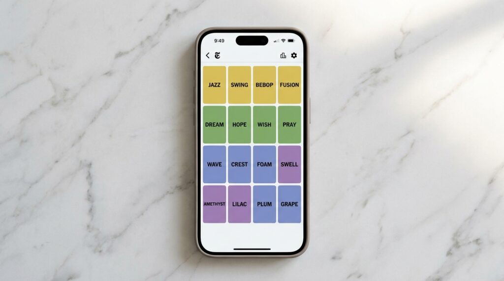 Smartphone showing NYT Connections puzzle in progress with yellow and green categories solved How to Play NYT